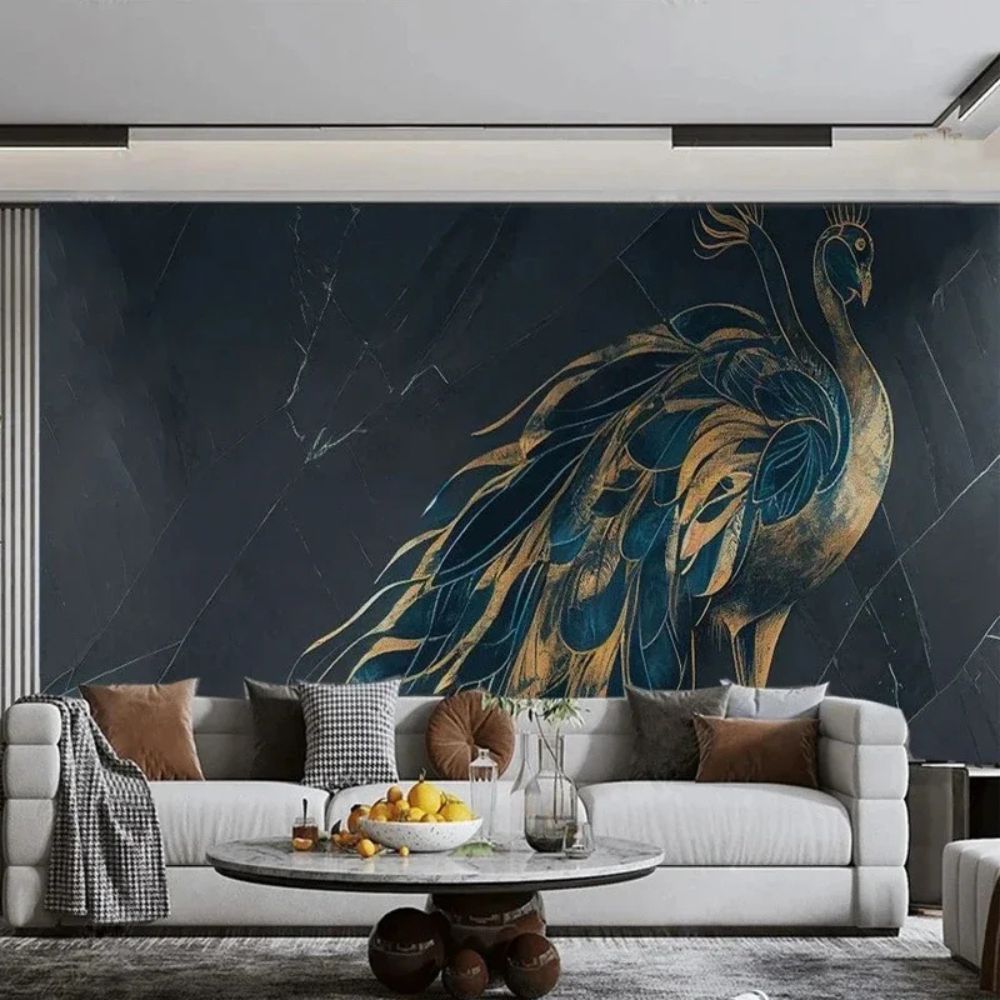 Papier peint bleu paon et or deco mural