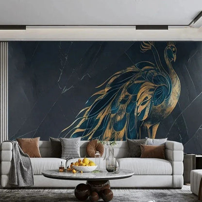 Papier peint bleu paon et or deco mural