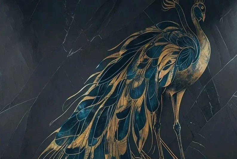 Papier peint bleu paon et or motif
