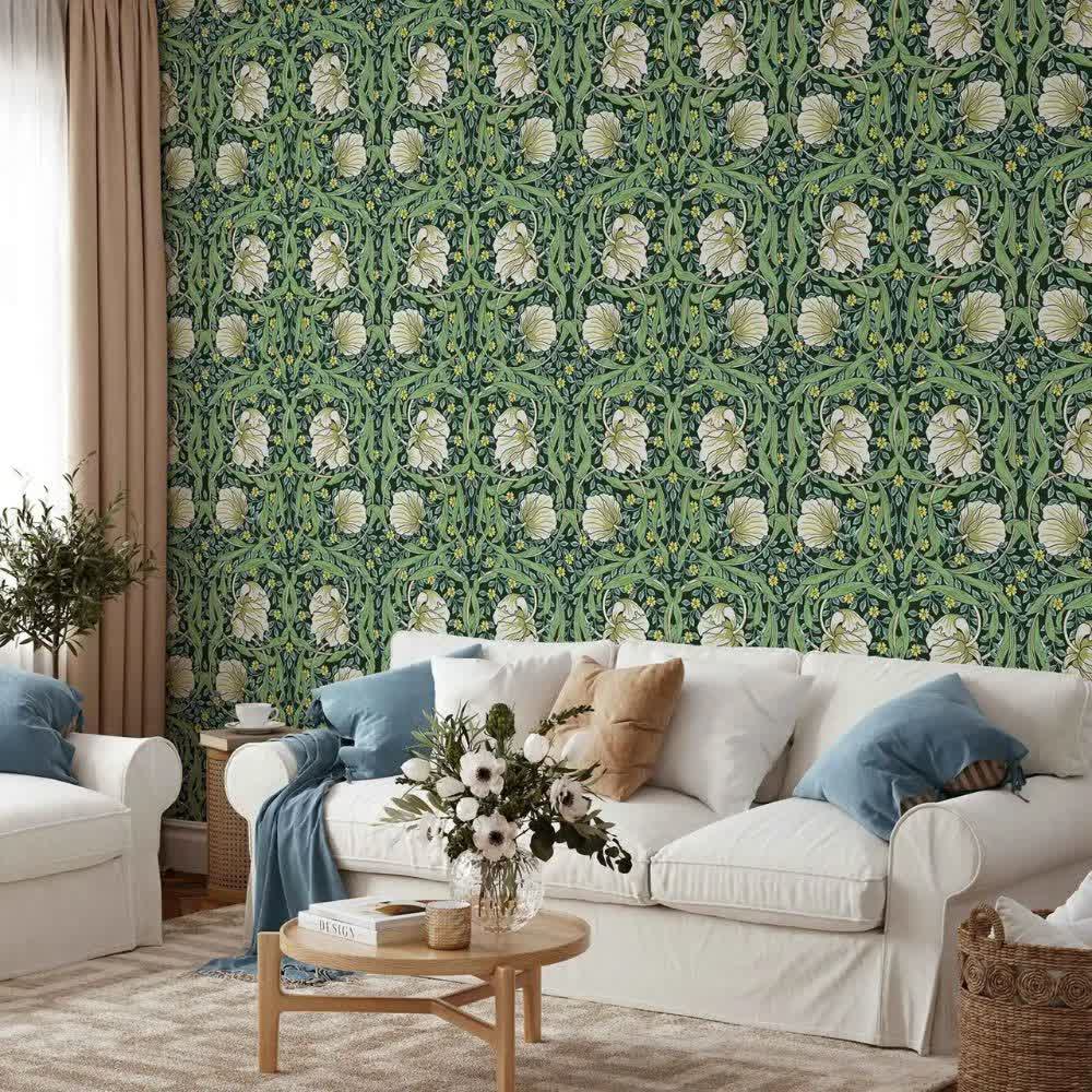 Papier peint botanique anglais William Morris feuillage vert deco mural