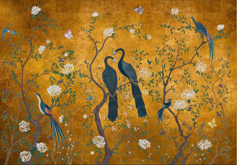 Papier peint chinoiserie paon fond jaune motif