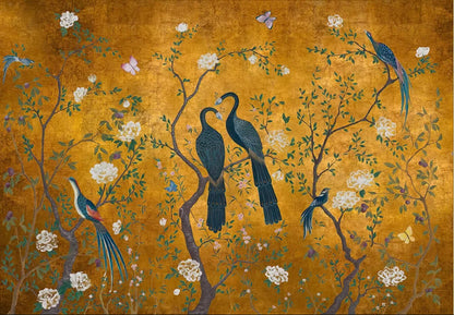 Papier peint chinoiserie paon fond jaune motif