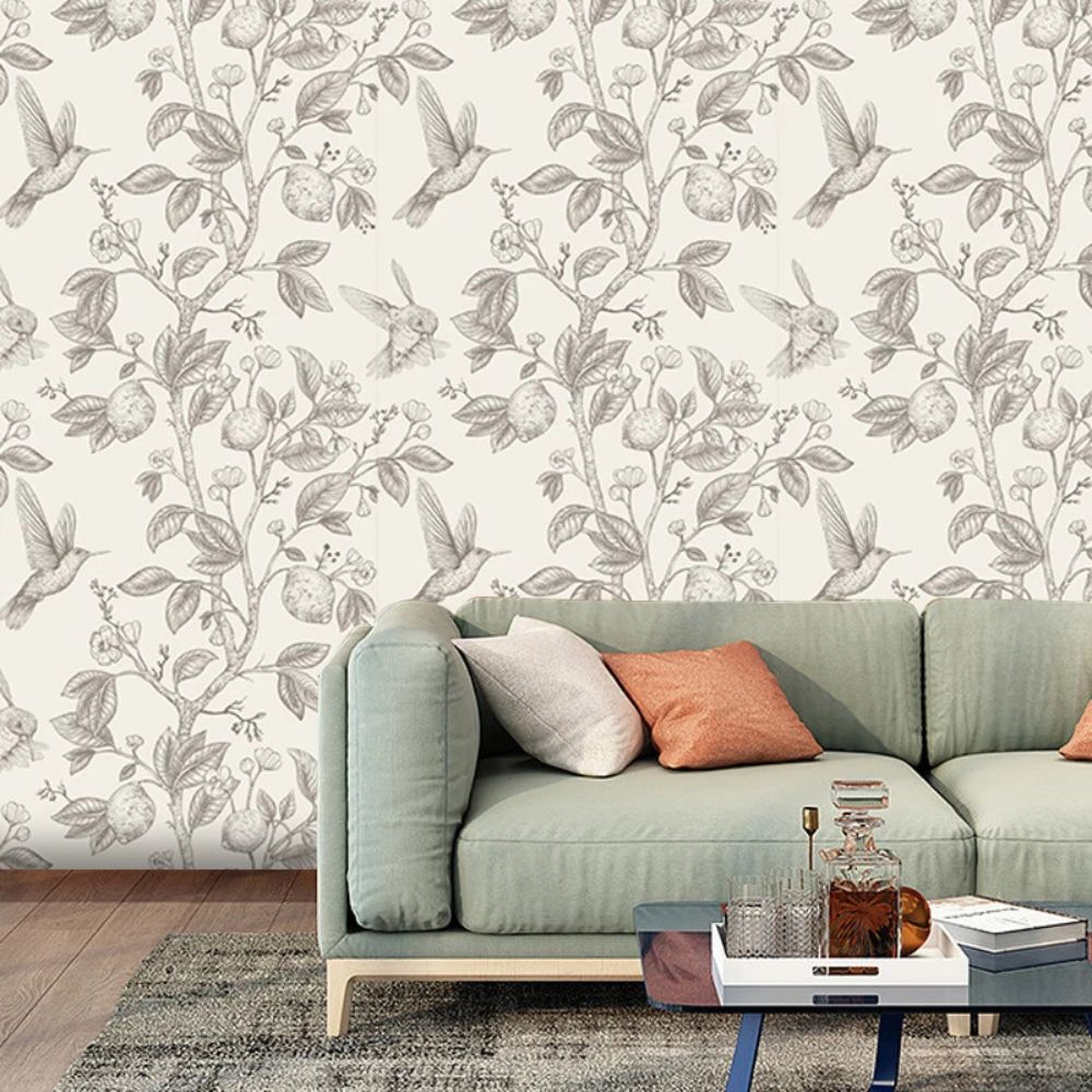 Papier peint colibri et arbre fruitier vintage noir et blanc