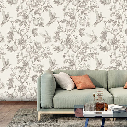 Papier peint colibri et arbre fruitier vintage noir et blanc