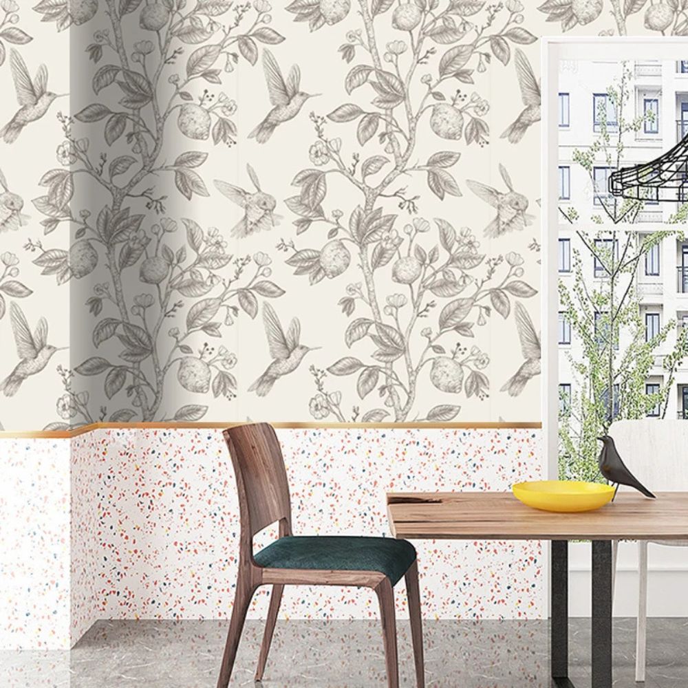 Papier peint colibri et arbre fruitier vintage noir et blanc deco mural