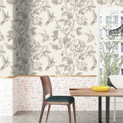 Papier peint colibri et arbre fruitier vintage noir et blanc deco mural
