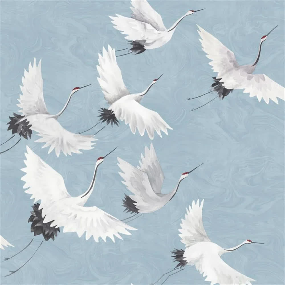 Papier peint envol des grues japonaises fond bleu
