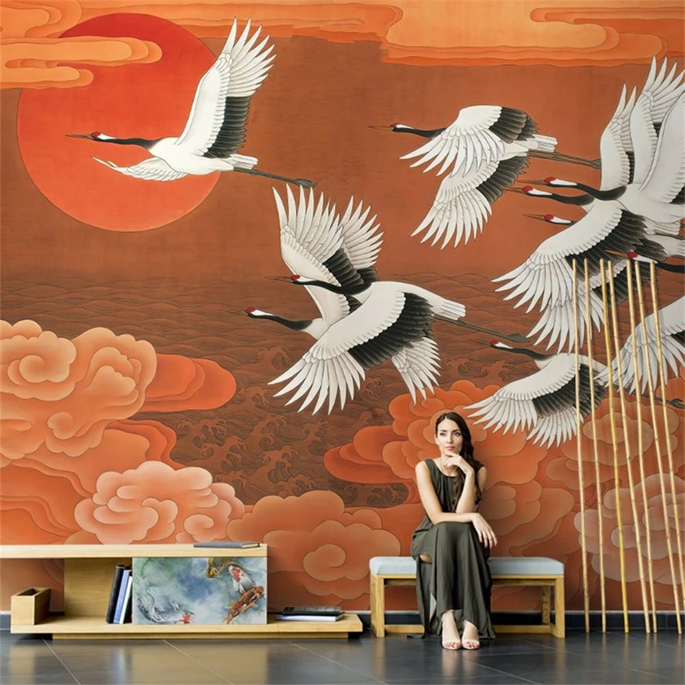 Papier peint envol des grues soleil levant