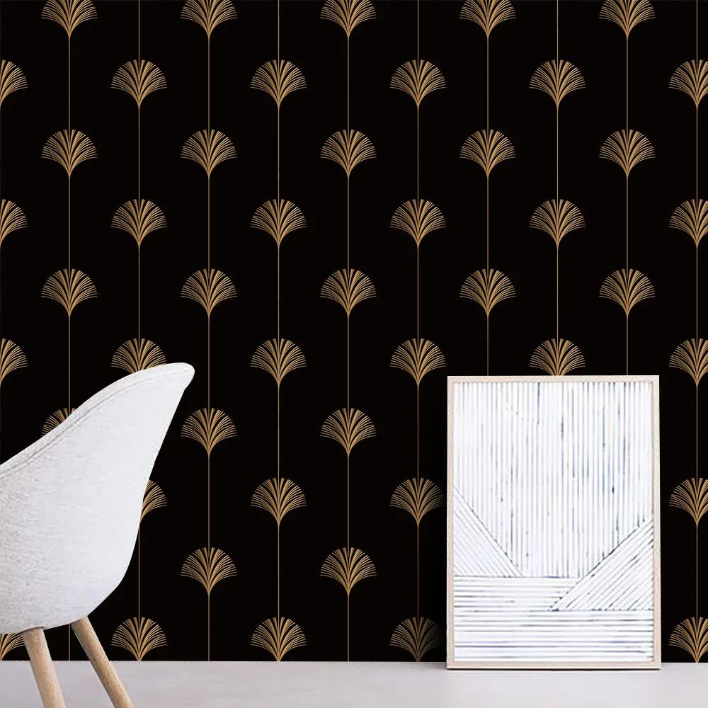 Papier peint eventail noir et or