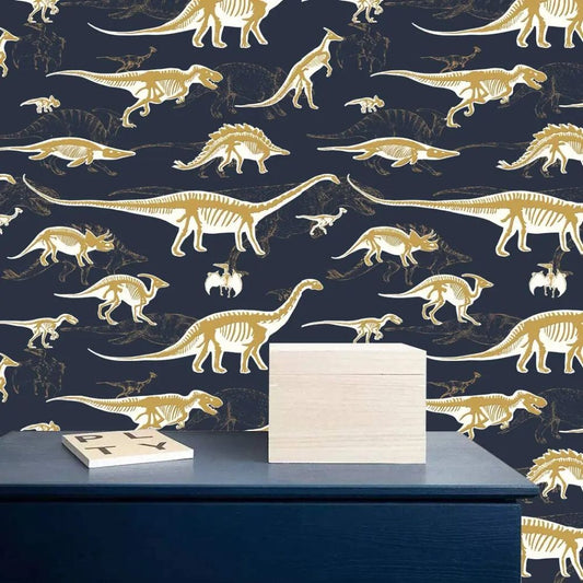 Papier peint fantaisie dinosaure noir et or
