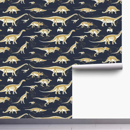Papier peint fantaisie dinosaure noir et or motif