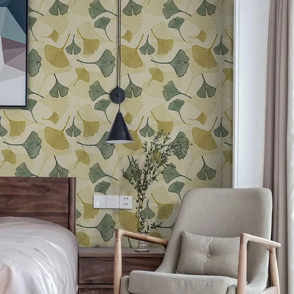 Papier peint feuillage ginkgo bleu vert