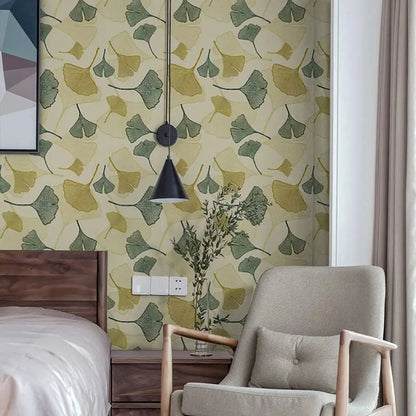 Papier peint feuillage ginkgo bleu vert