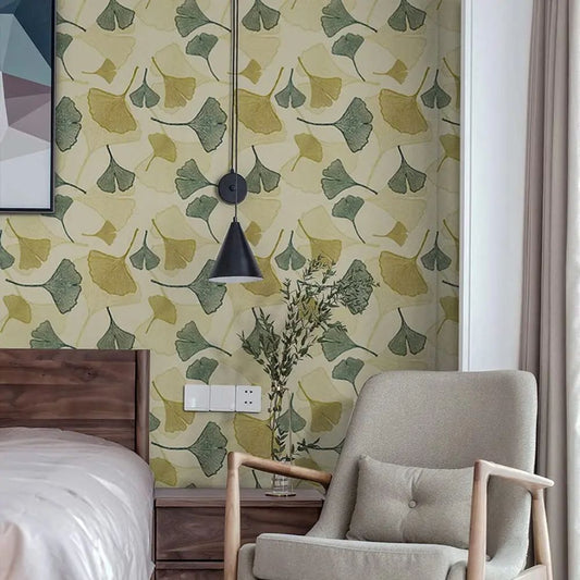 Papier peint feuillage ginkgo bleu vert
