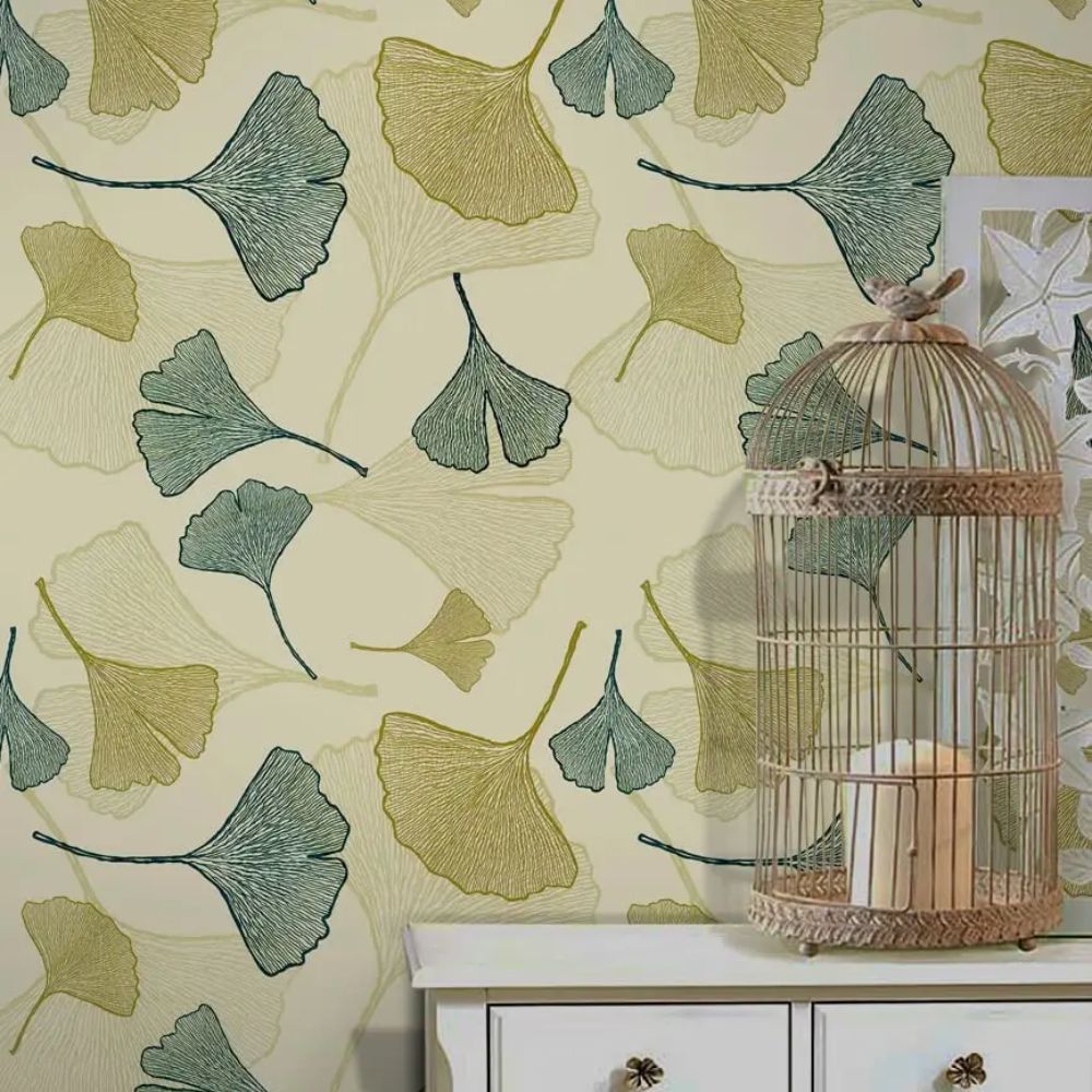 Papier peint feuillage ginkgo bleu vert deco mural