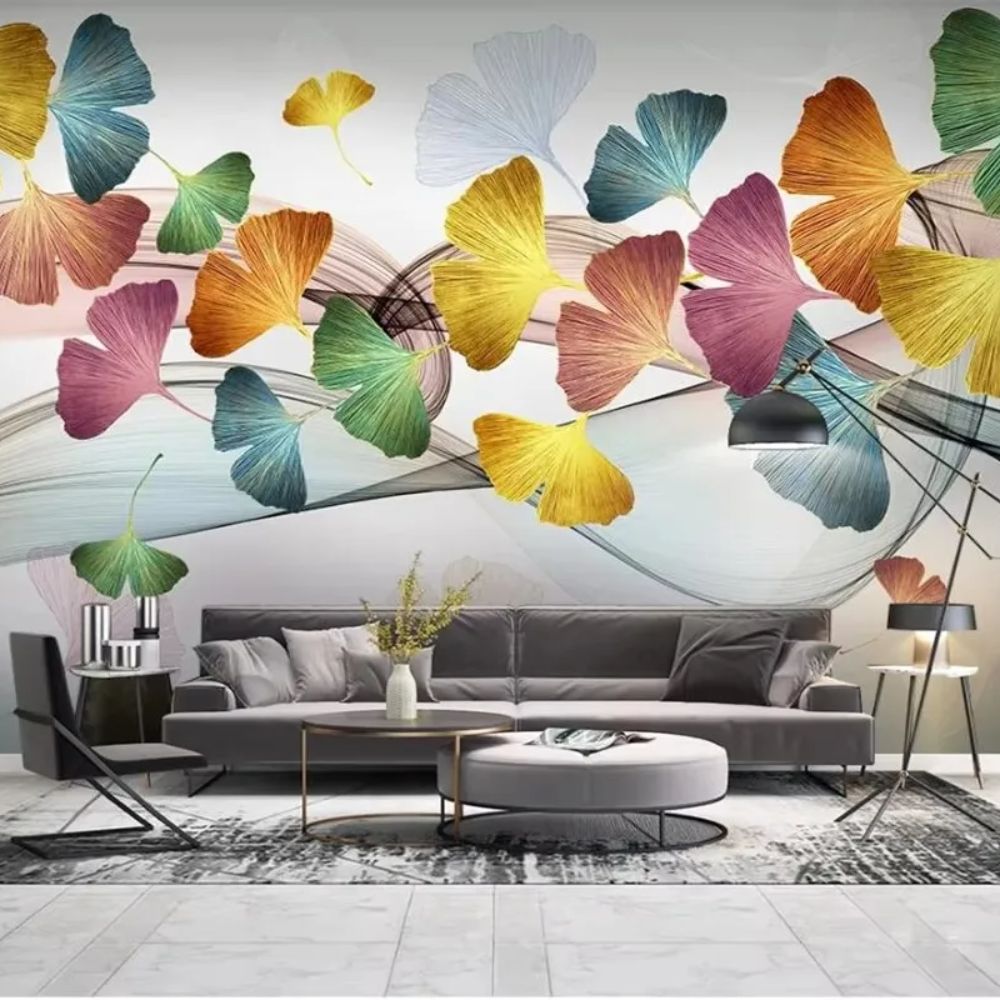 Papier peint feuille de ginkgo multicolore