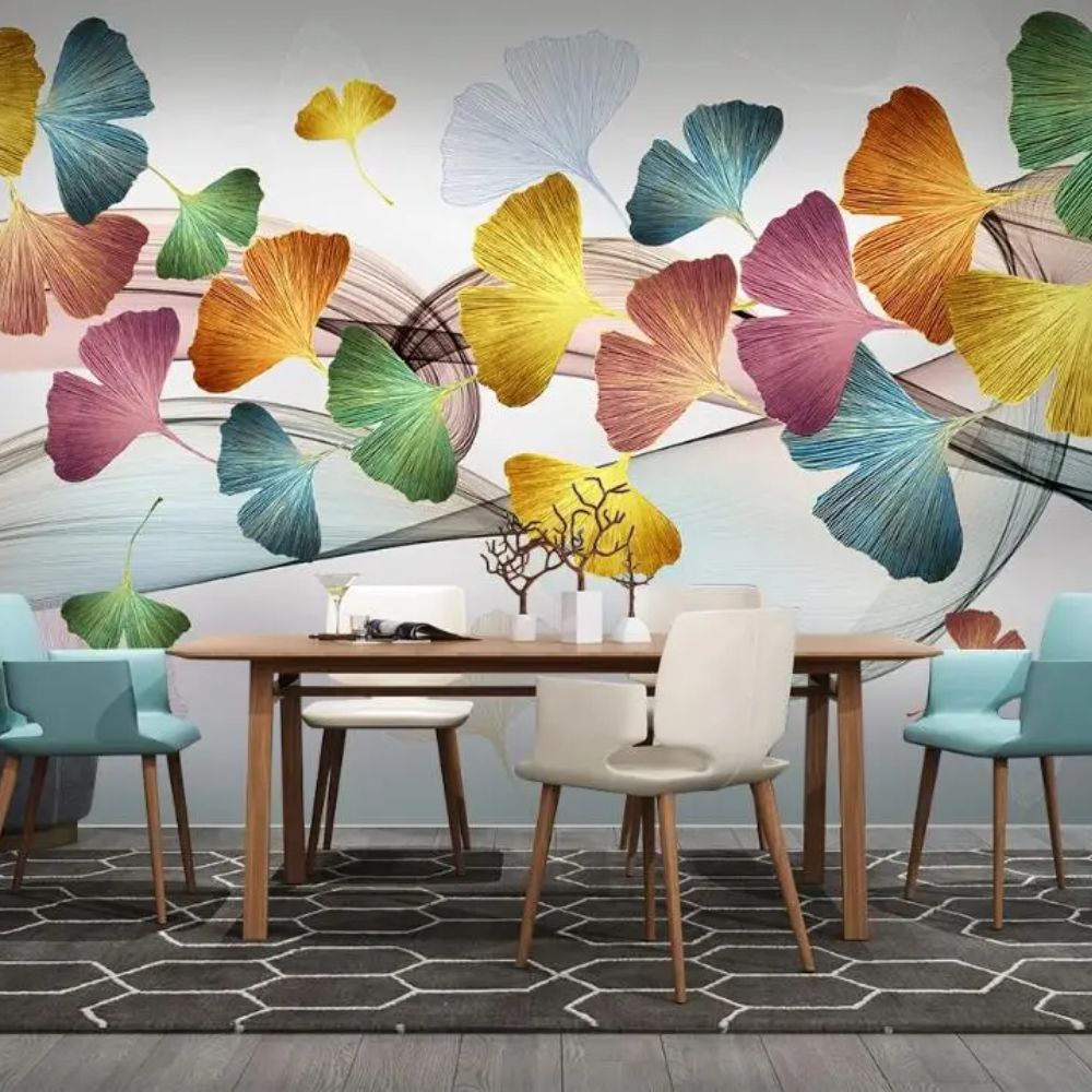 Papier peint feuille de ginkgo multicolore deco mural