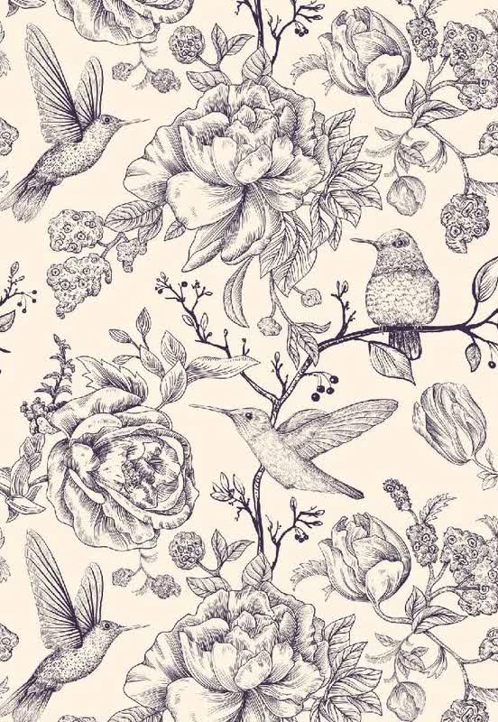 Papier peint fleurs et colibri vintage noir et blanc motif