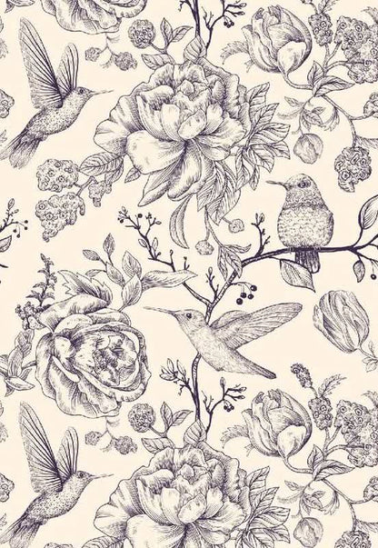 Papier peint fleurs et colibri vintage noir et blanc motif