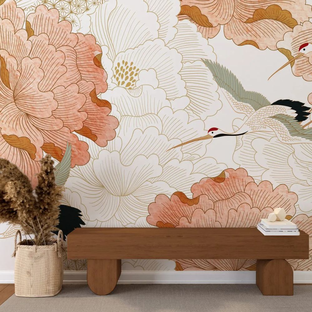 Papier peint fleurs et grues style japonais