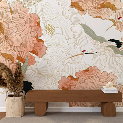 Papier peint fleurs et grues style japonais