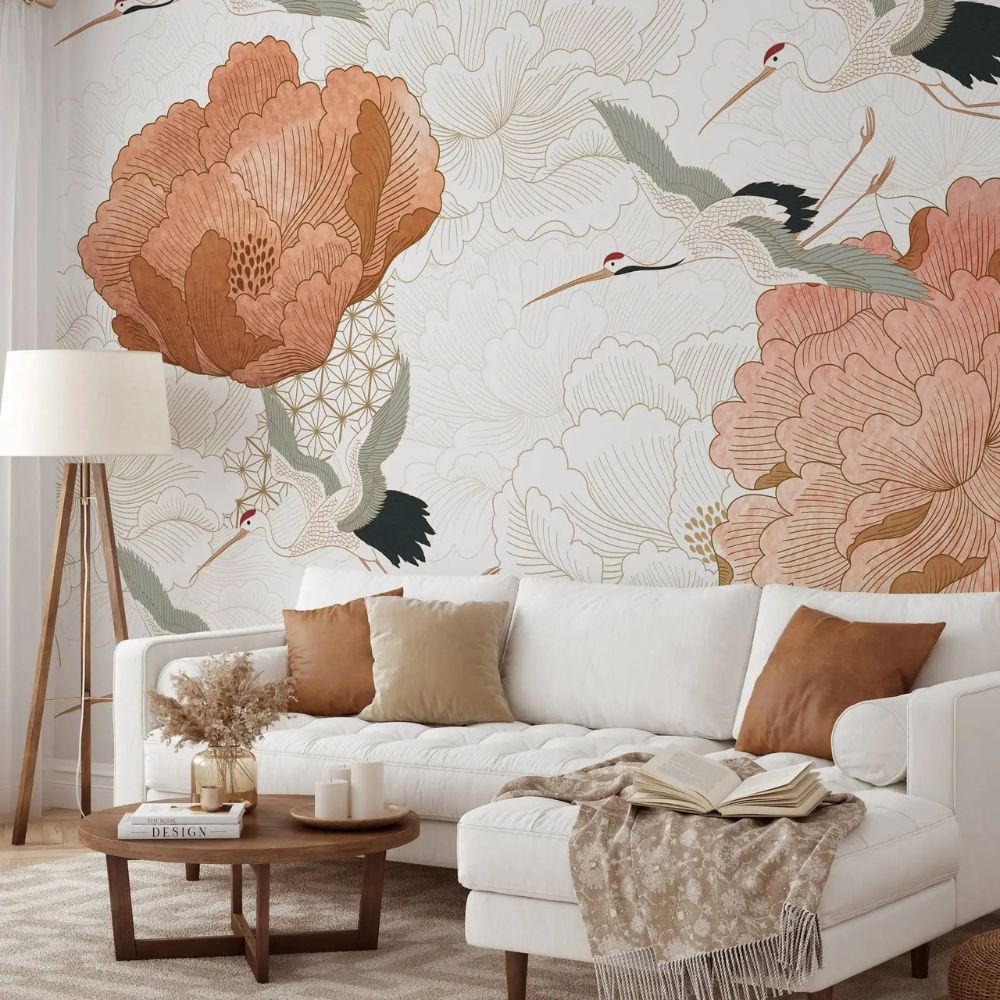 Papier peint fleurs et grues style japonais deco mural
