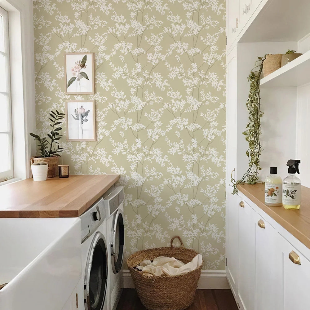 Papier peint fleurs vert sauge et blanc