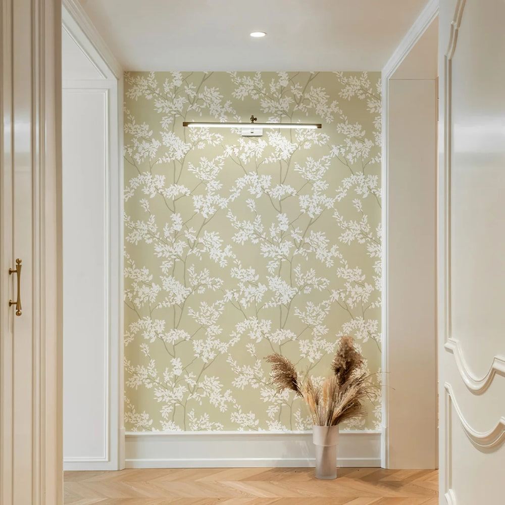 Papier peint fleurs vert sauge et blanc Deco salon