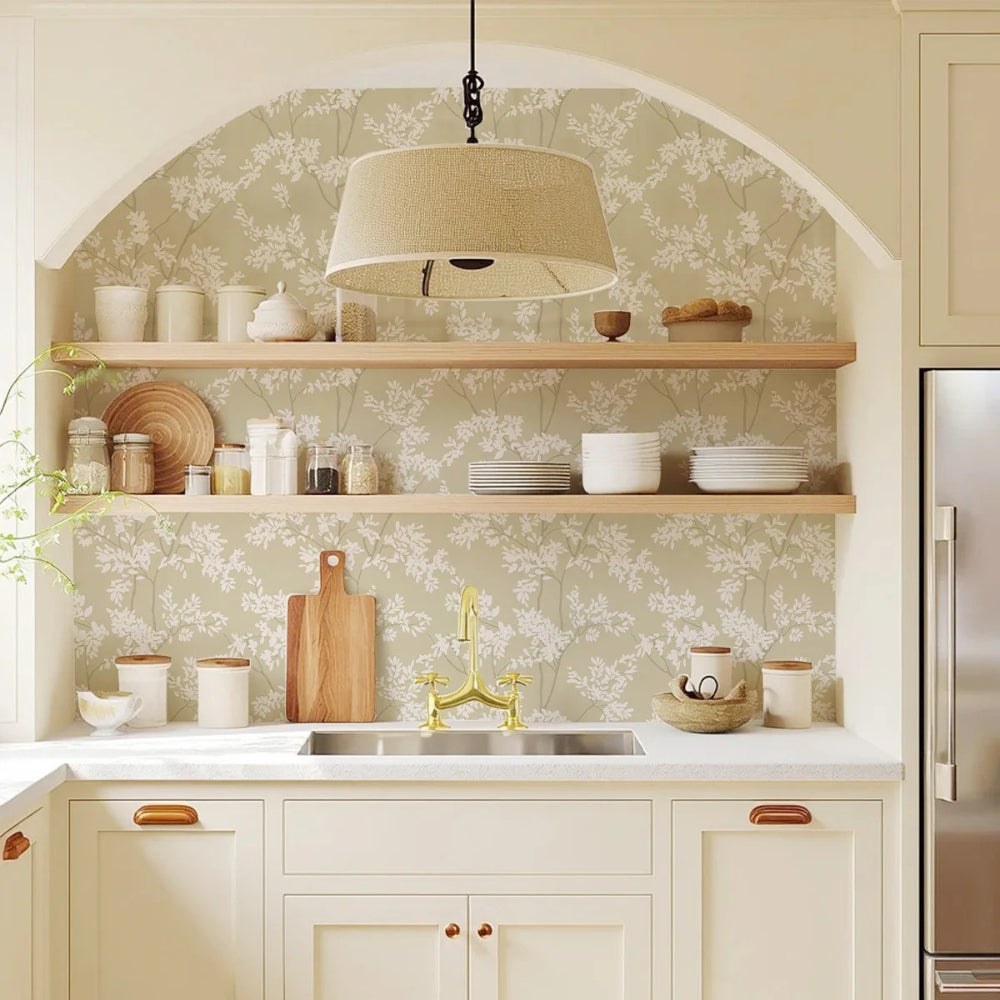 Papier peint fleurs vert sauge et blanc deco cuisine