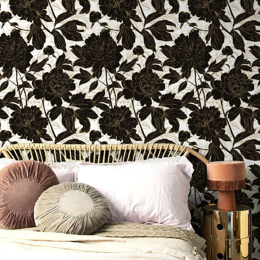 Papier peint floral noir et or