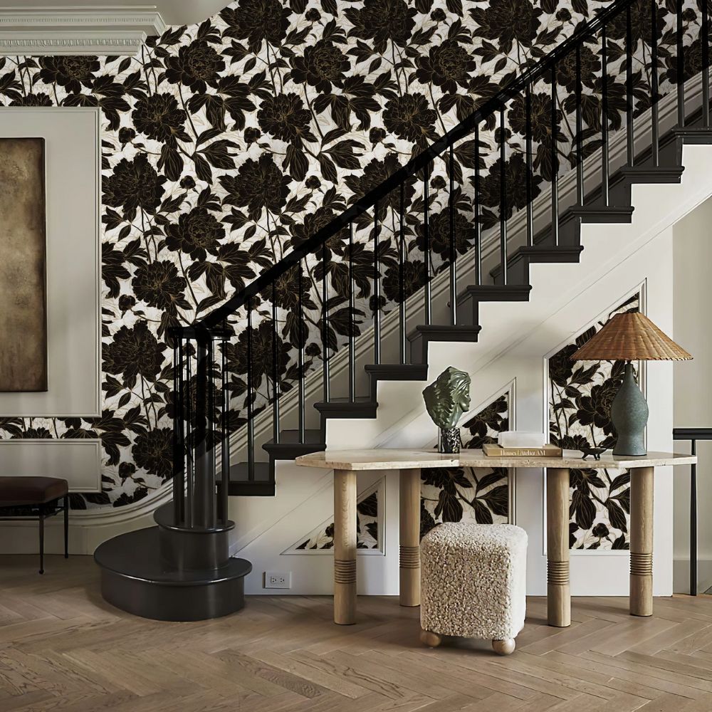 Papier peint floral noir et or deco mural