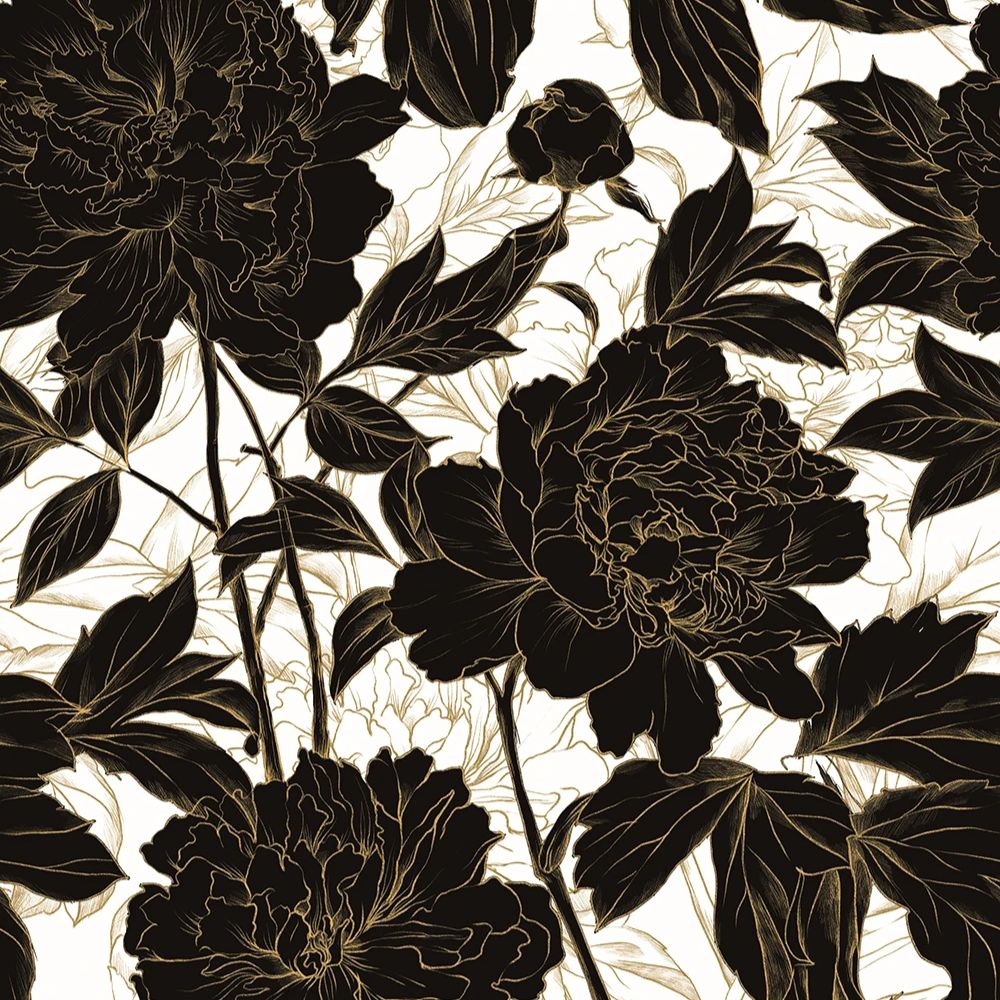 Papier peint floral noir et or motif