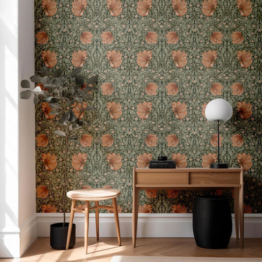 Papier peint floral terracotta et vert