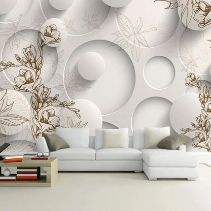 Papier peint geometrie et grosse fleur deco salon