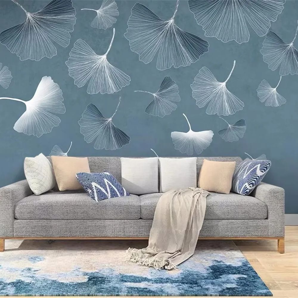 Papier peint ginkgo bleu