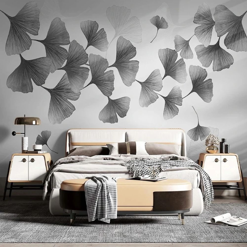 Papier peint ginkgo noir deco mural