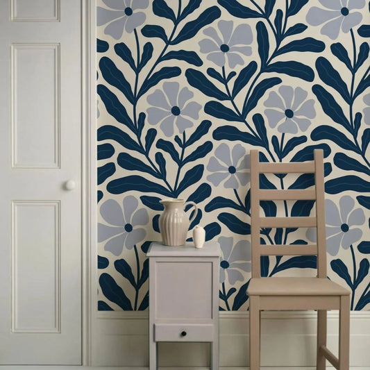 Papier peint grosses fleurs bleues graphique