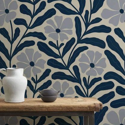 Papier peint grosses fleurs bleues graphique deco mural