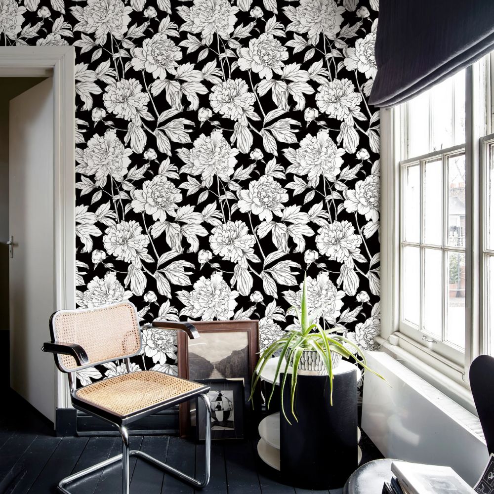 Papier peint grosses fleurs fond noir