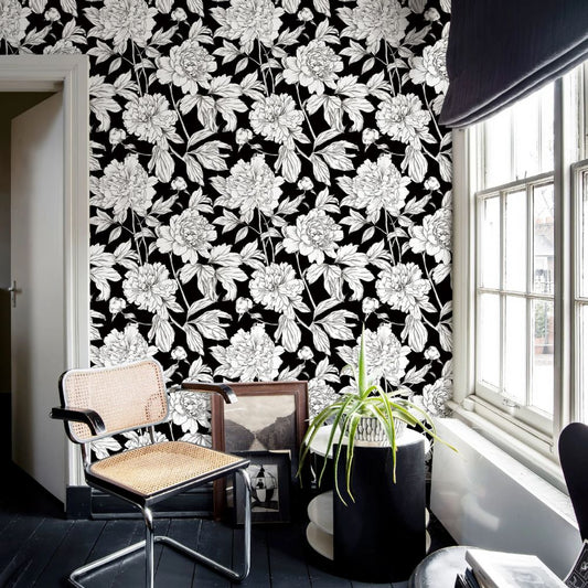 Papier peint grosses fleurs fond noir