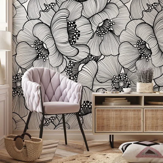 Papier peint grosses fleurs noir et blanc chic