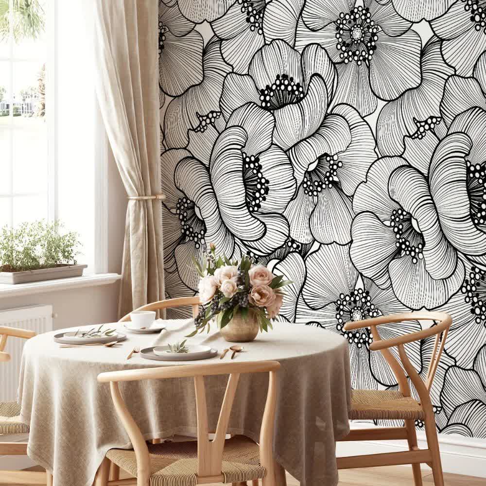 Papier peint grosses fleurs noir et blanc chic deco mural