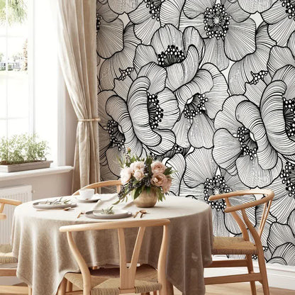 Papier peint grosses fleurs noir et blanc chic deco mural