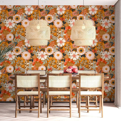 Papier peint grosses fleurs oranges