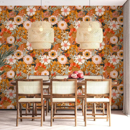 Papier peint grosses fleurs oranges