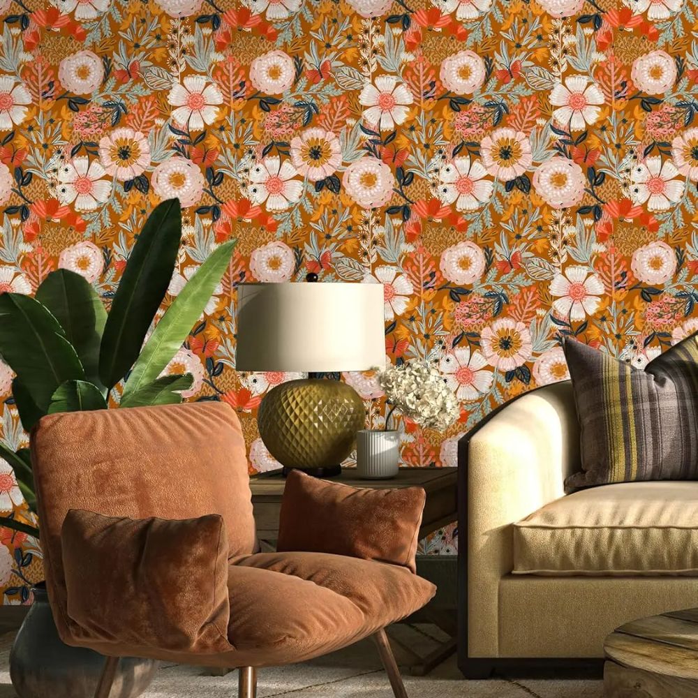 Papier peint grosses fleurs oranges deco mural