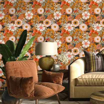 Papier peint grosses fleurs oranges deco mural