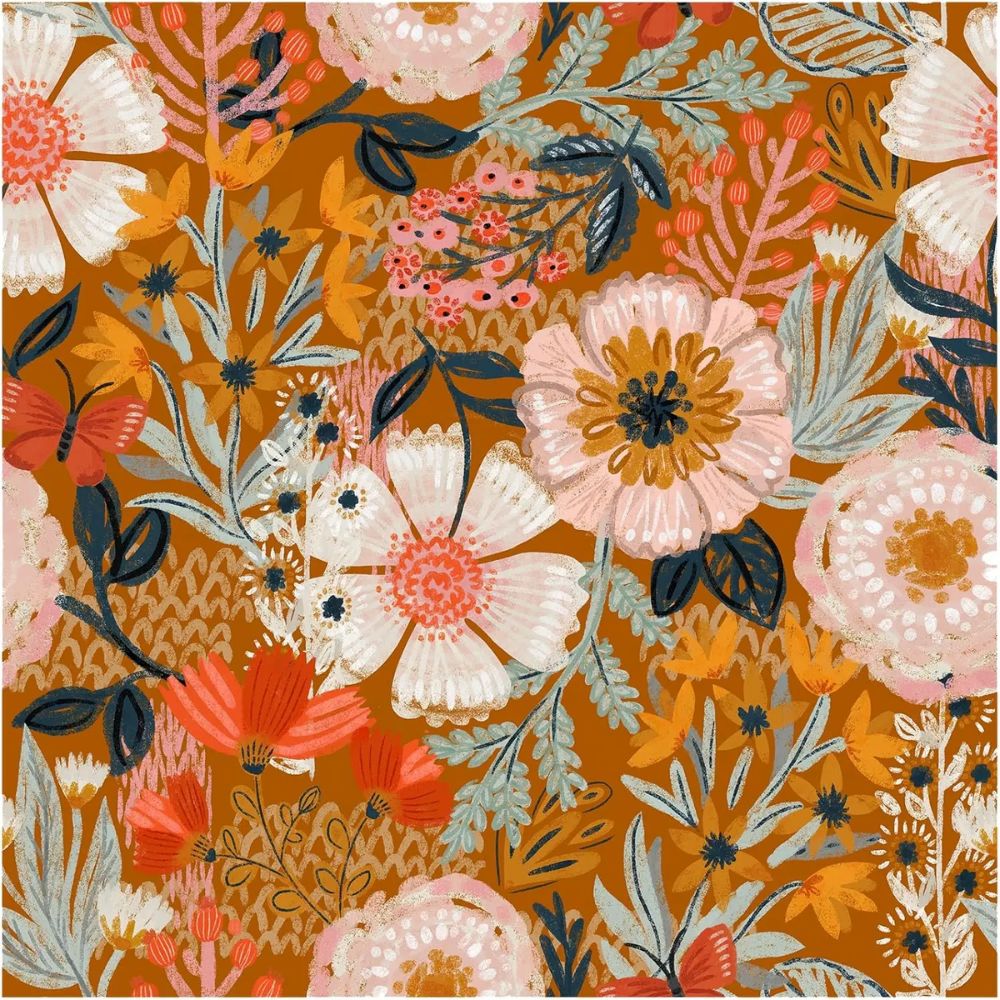 Papier peint grosses fleurs oranges motif