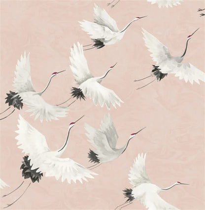 Papier peint grues japonaises fond rose motif