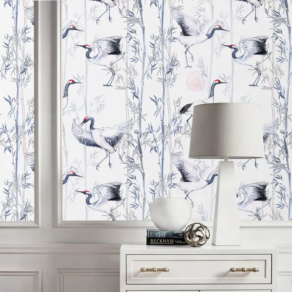 Papier peint grues noir et blanc et bambou deco mural